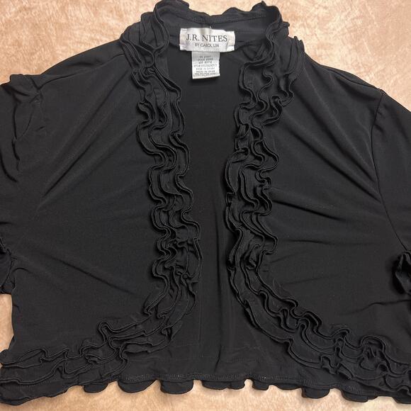 Vintage 90s JR Nites by Carol Lin Black Ruffled Bolero Shrug 3/4 Sleeve Open - Picture 2 of 6